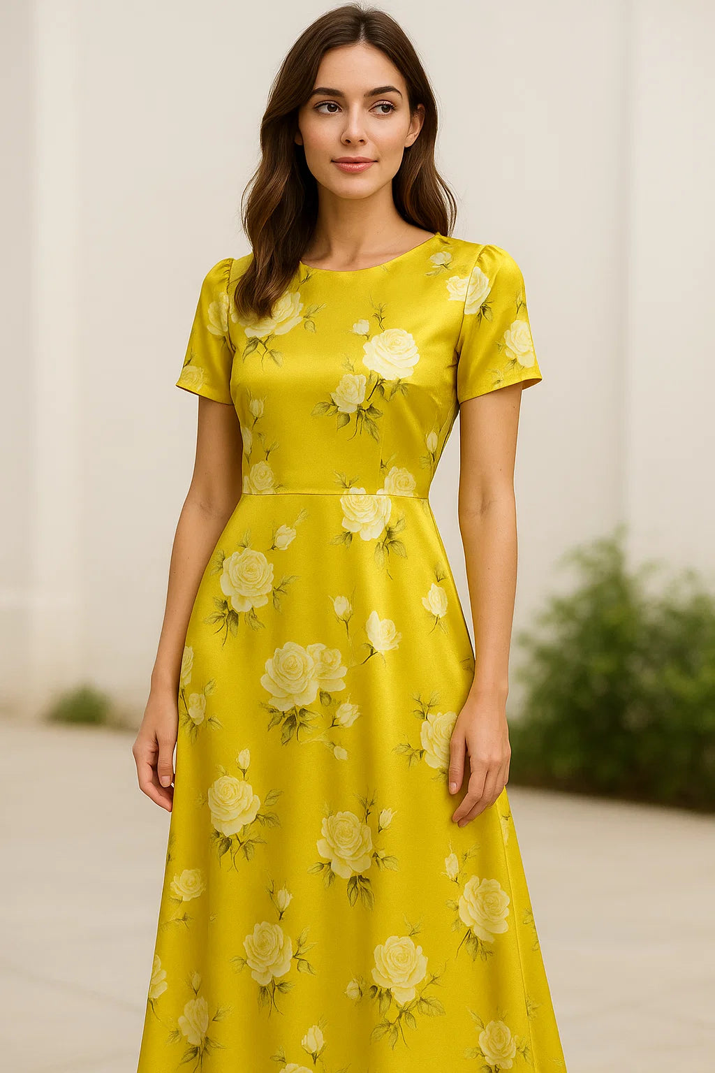 Classy Yellow Floral Digital Printed Japan Satin Fabric