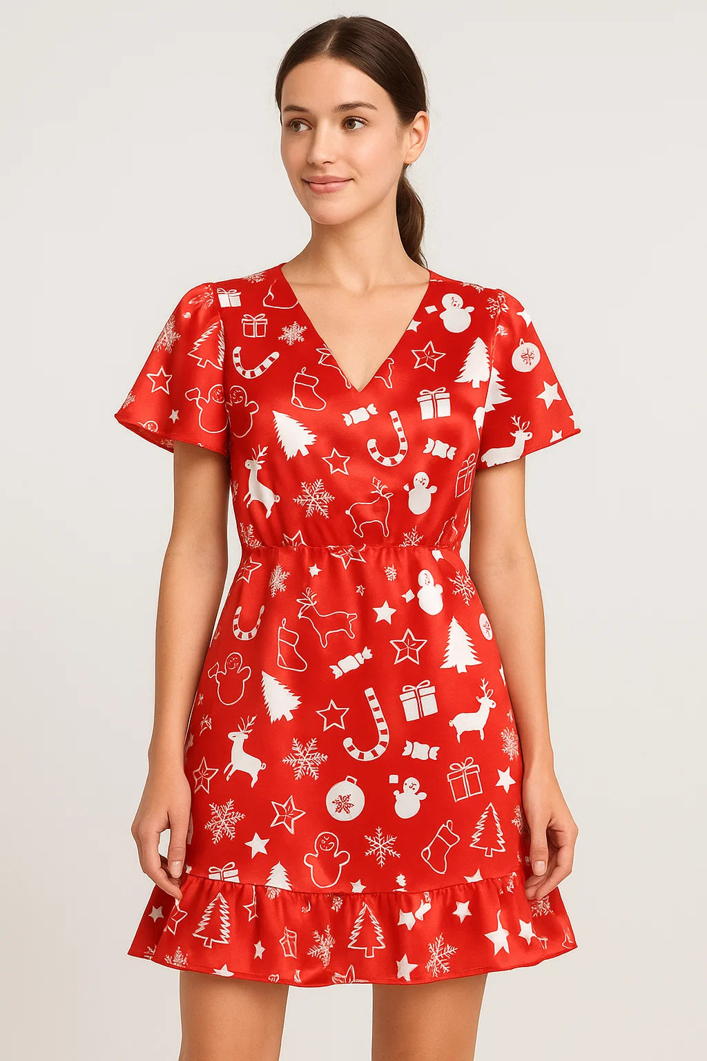 Classy Red & White Christmas Design Japan Satin Fabric