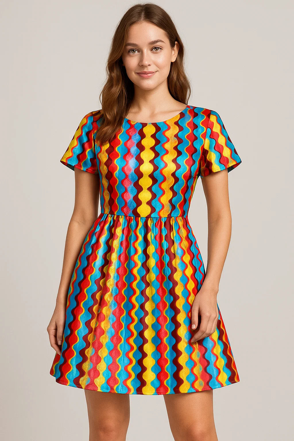 Gorgeous digital printed fabric in multicolor with strips and waving design