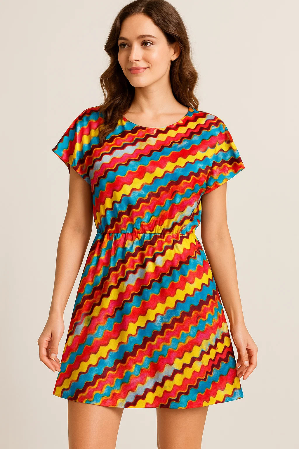 Gorgeous digital printed fabric in multicolor with strips and waving design