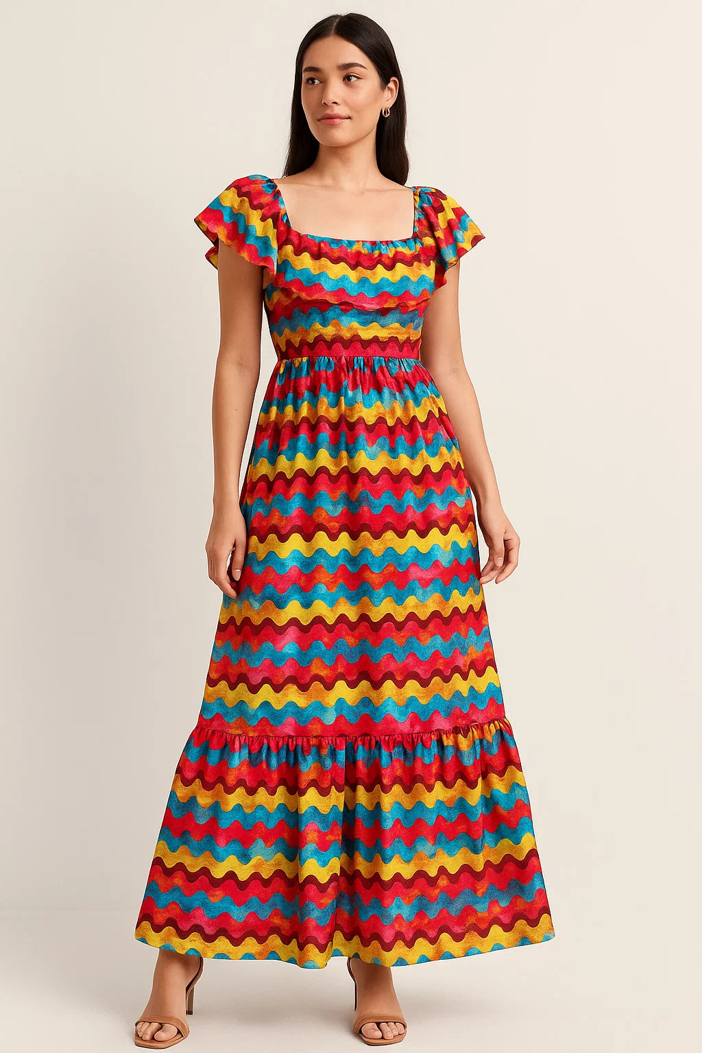 Gorgeous digital printed fabric in multicolor with strips and waving design