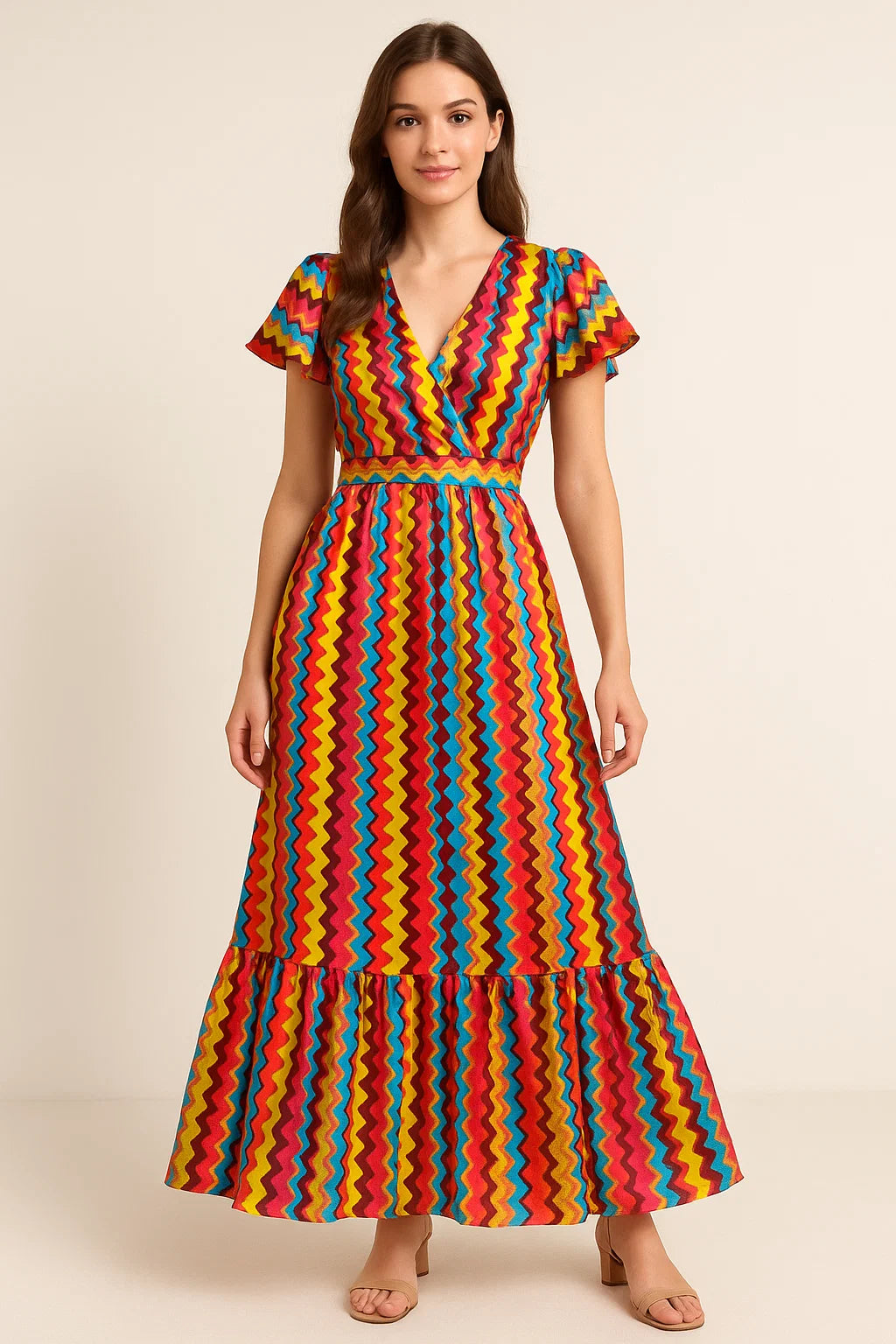 Gorgeous digital printed fabric in multicolor with strips and waving design