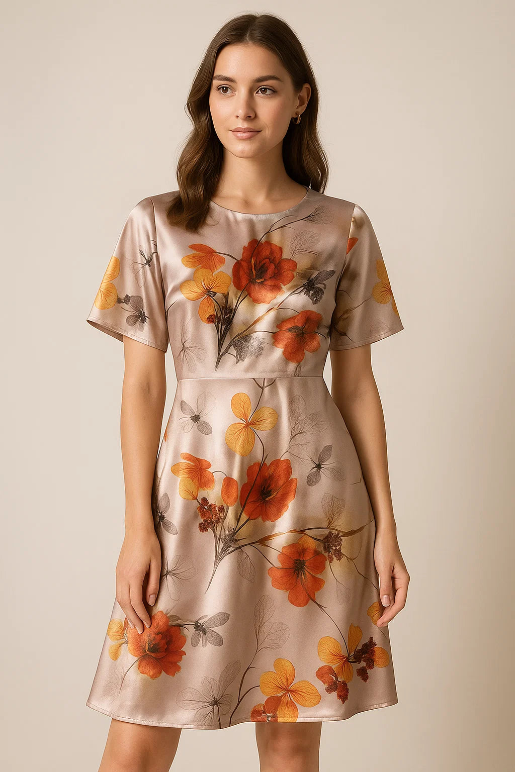 Morden Periwinkle Floral Flowers With Gray Leaves Digital Printed Fabric - Japan Satin