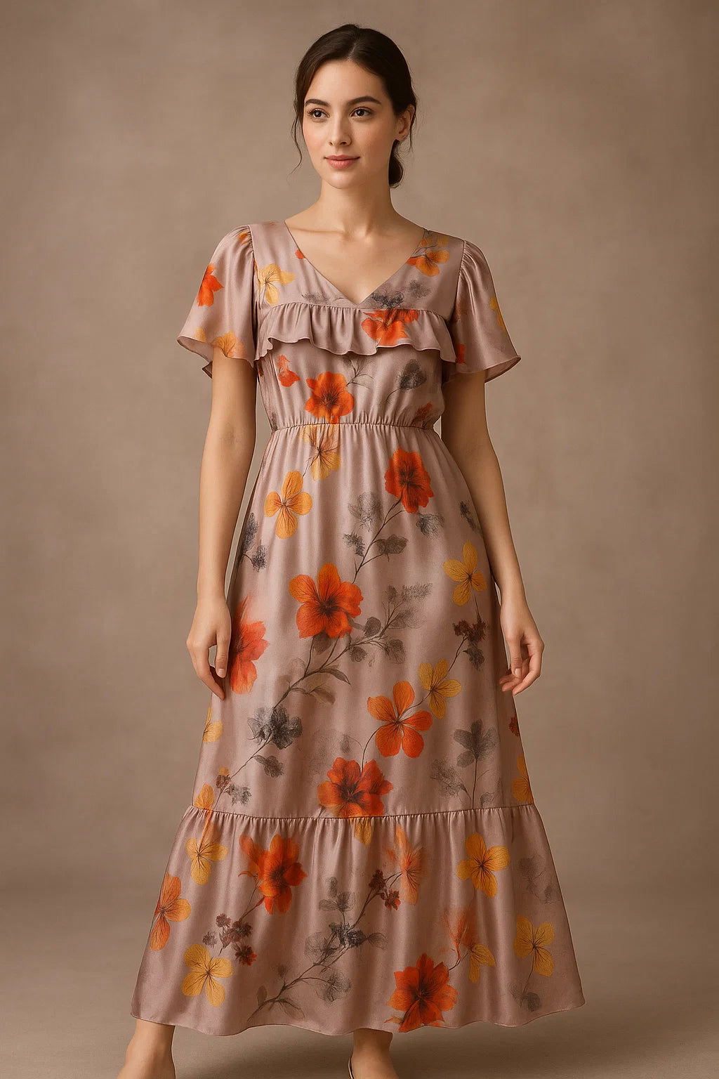 Morden Periwinkle Floral Flowers With Gray Leaves Digital Printed Fabric - Japan Satin