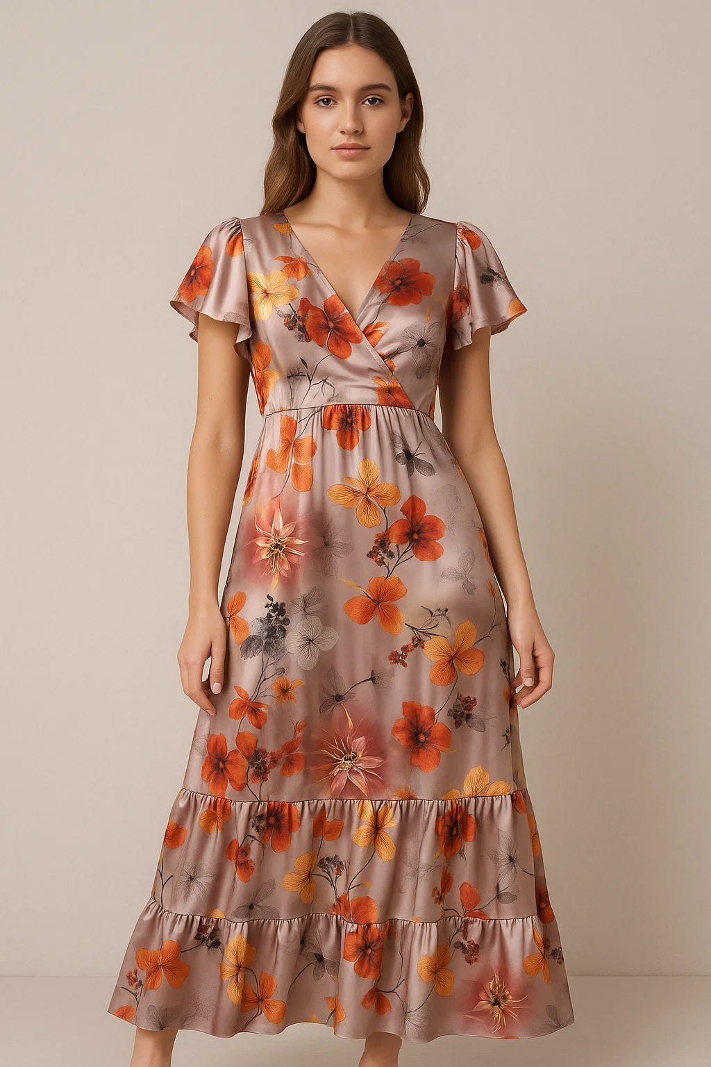 Morden Periwinkle Floral Flowers With Gray Leaves Digital Printed Fabric - Japan Satin