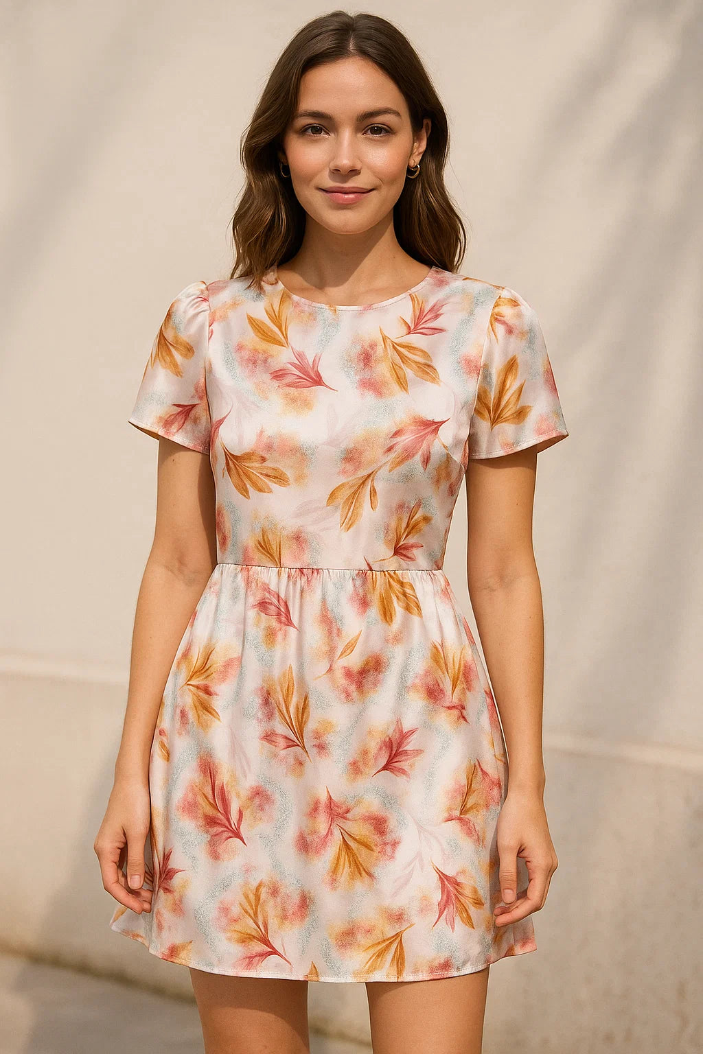 White Gloss Leaves Japan Satin Printed Fabric