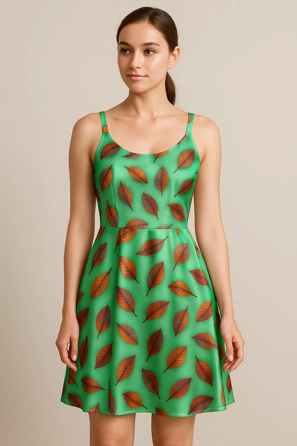 Green Pista Leaves Japan Satin Printed Fabric