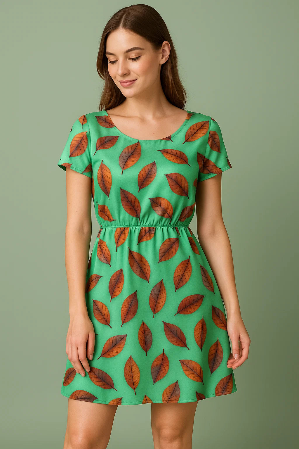 Green Pista Leaves Japan Satin Printed Fabric