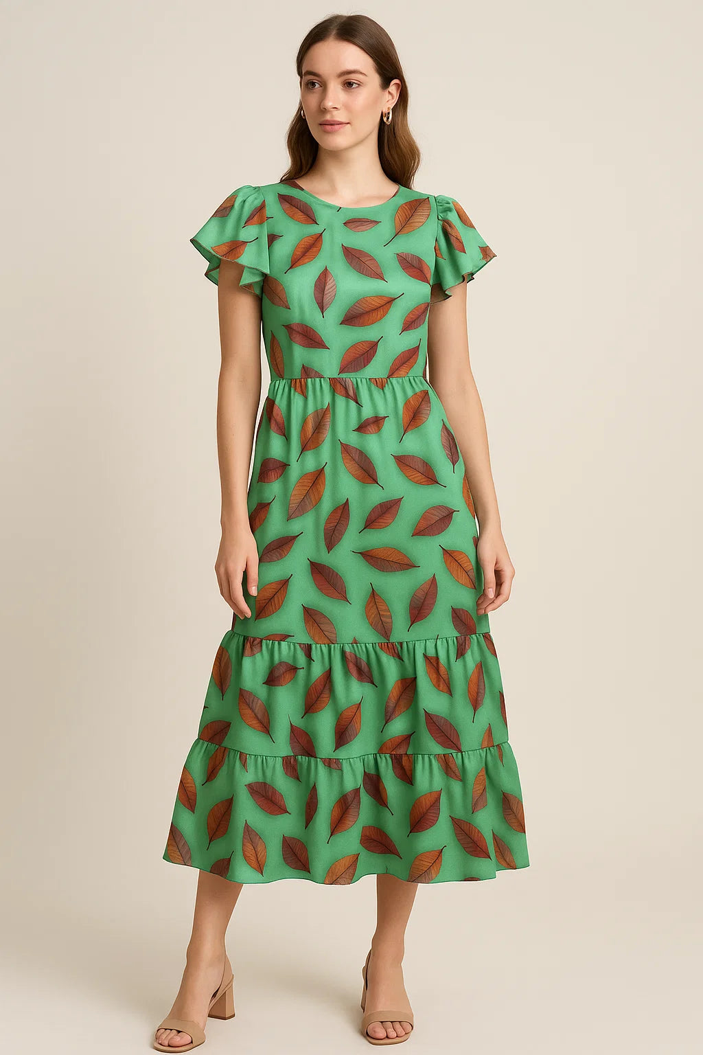 Green Pista Leaves Japan Satin Printed Fabric