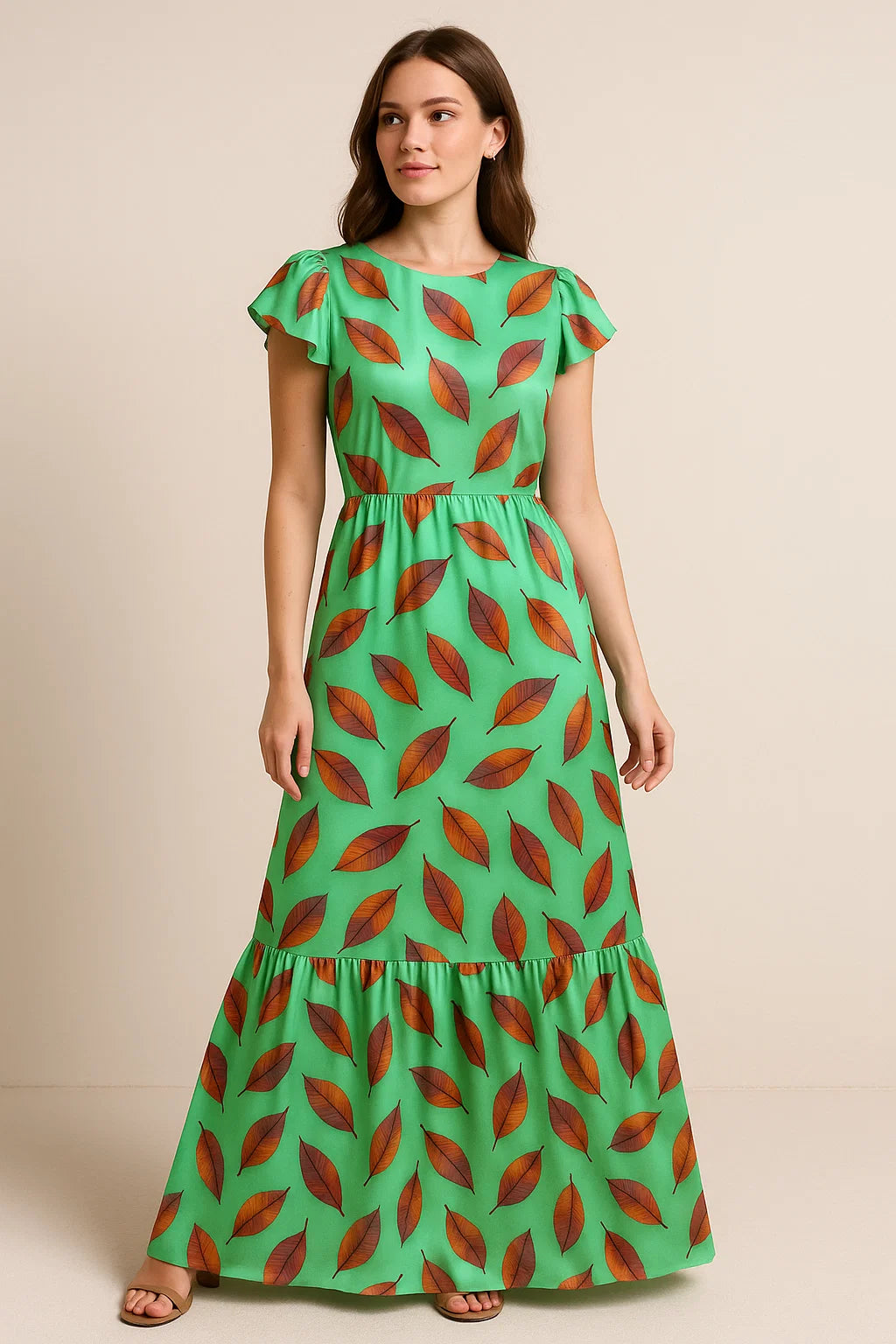 Green Pista Leaves Japan Satin Printed Fabric