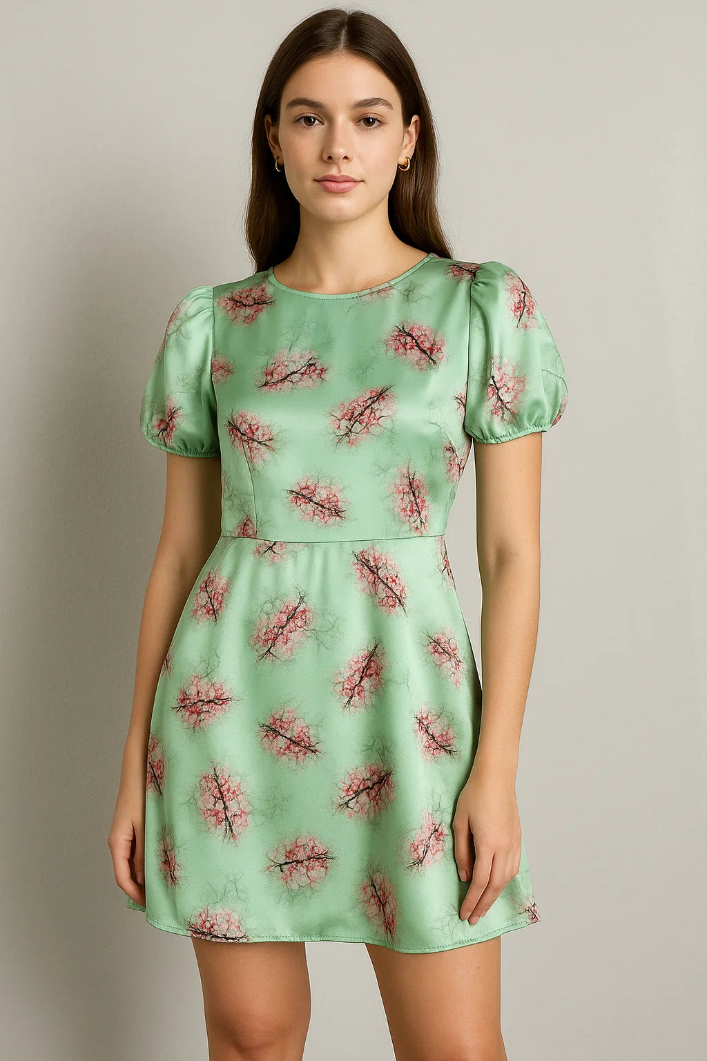 Green Pista Flower Japan Satin Printed Fabric