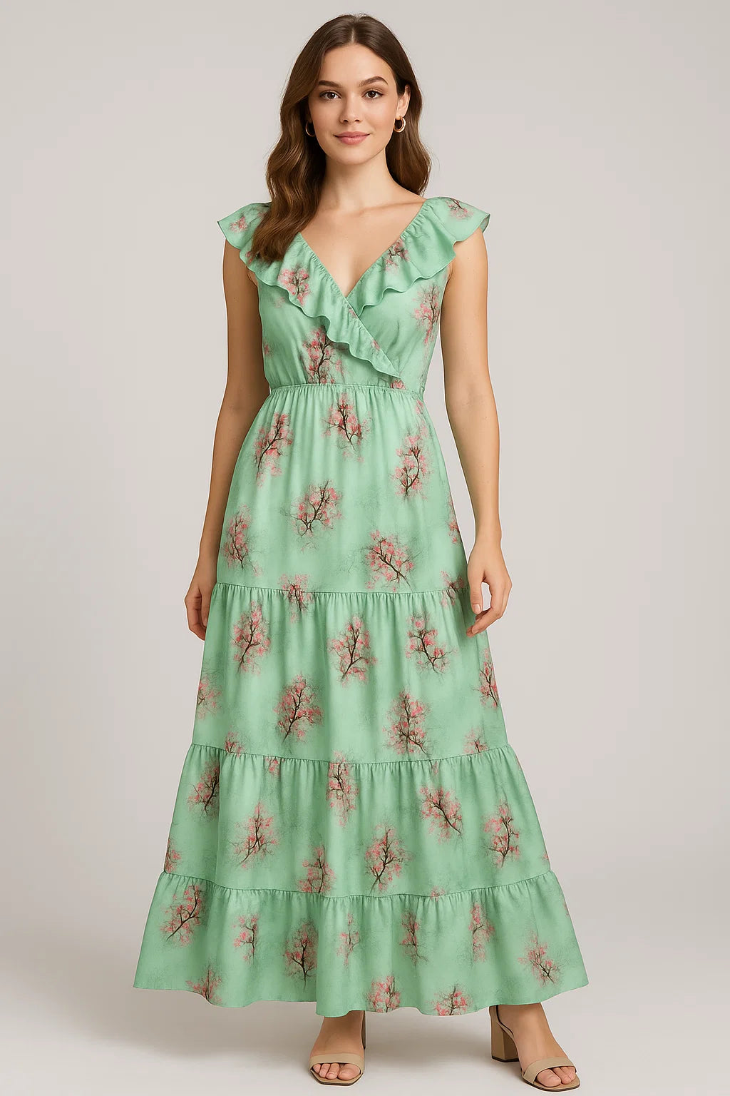 Green Pista Flower Japan Satin Printed Fabric