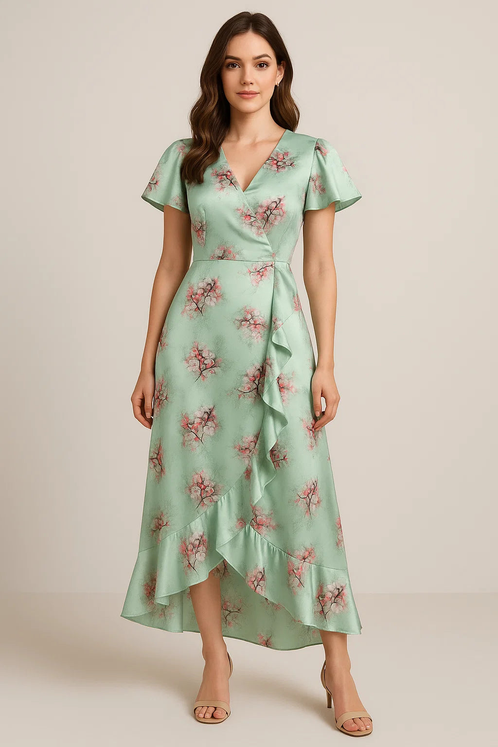 Green Pista Flower Japan Satin Printed Fabric