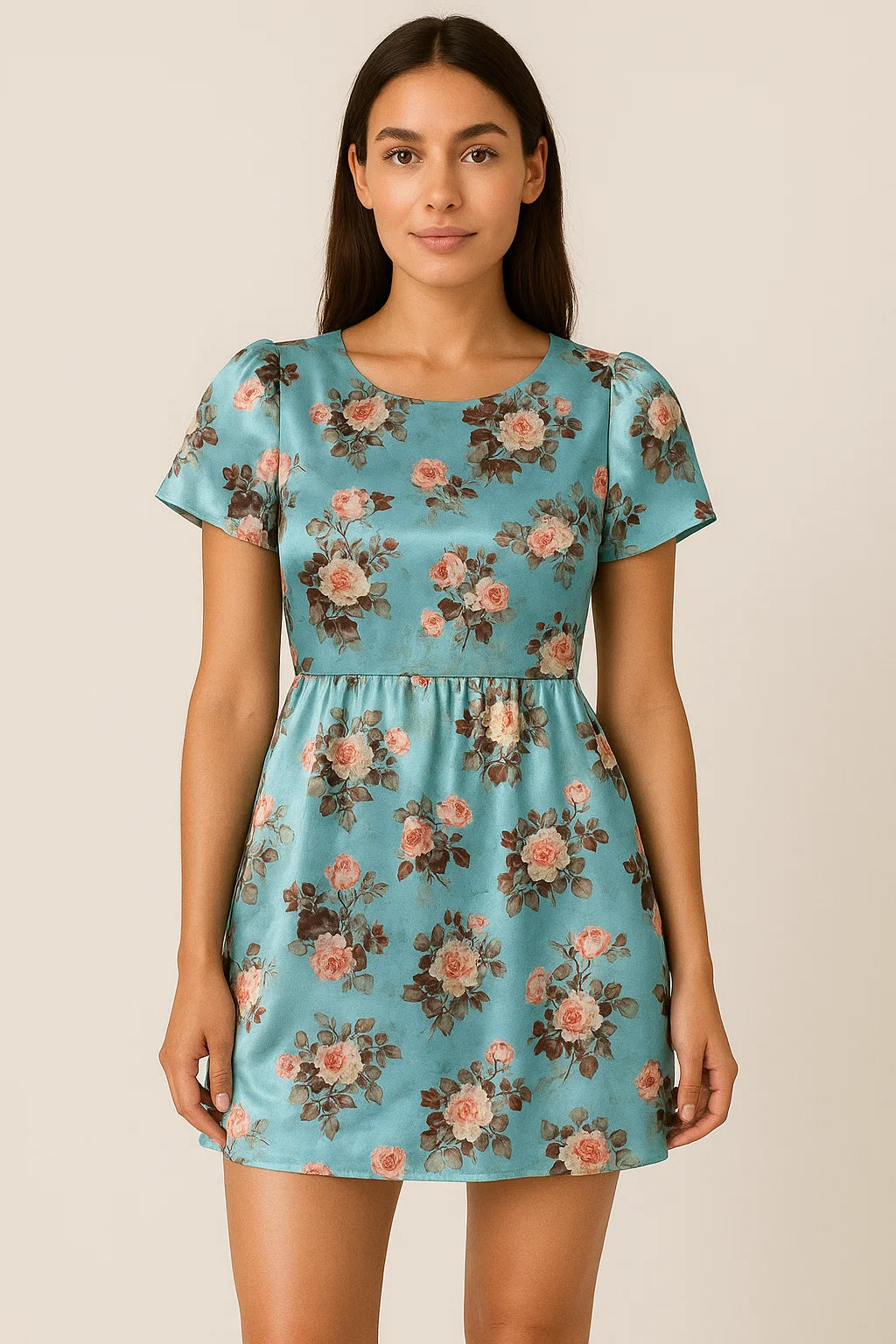 Sky Blue Flower Printed Japan Satin Fabric Material