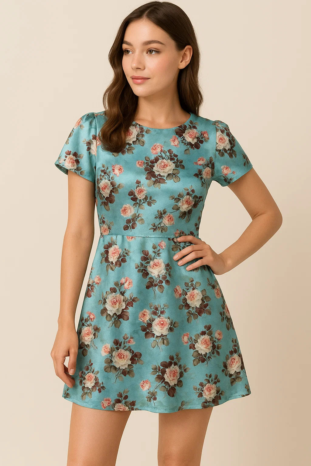 Sky Blue Flower Printed Japan Satin Fabric Material