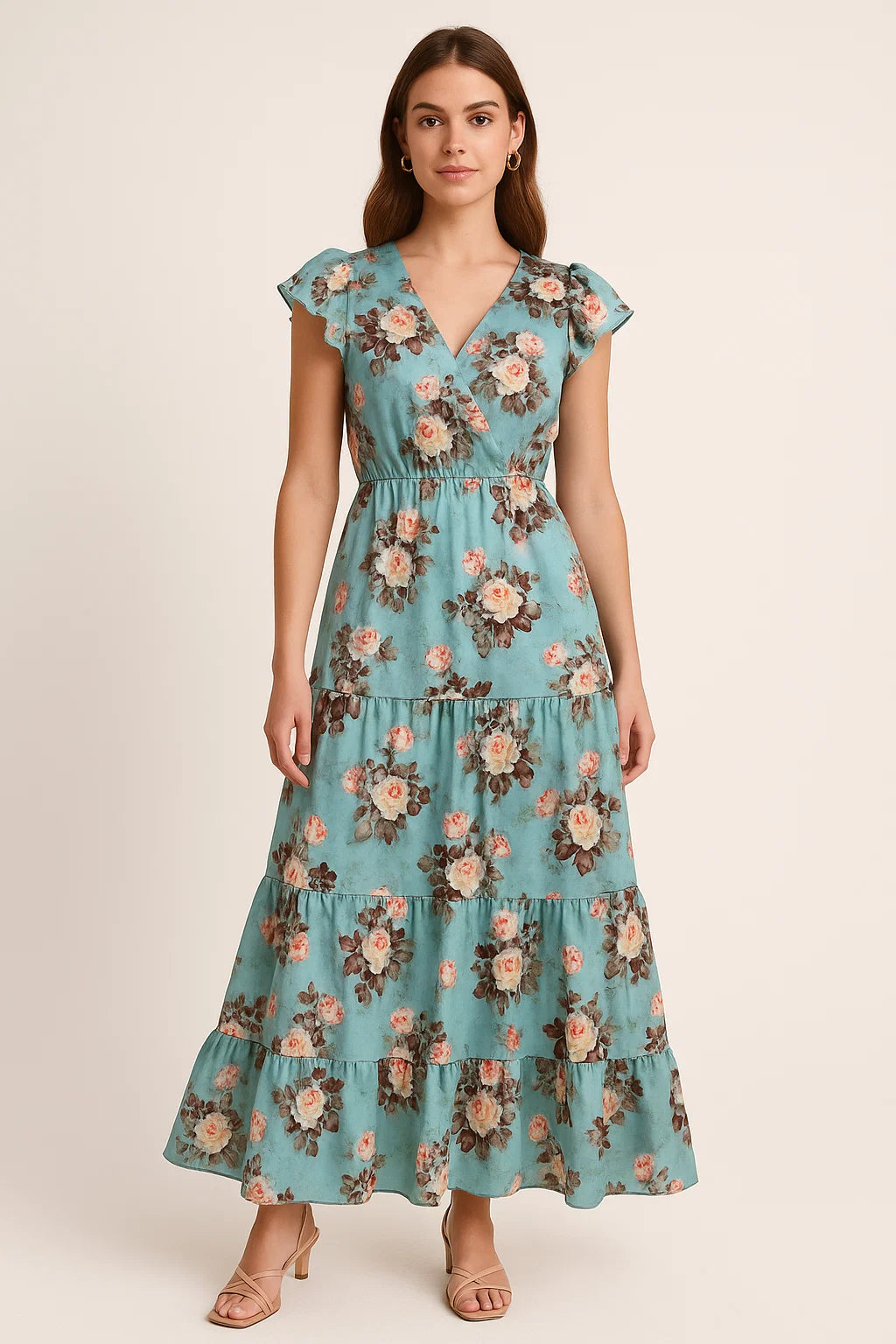 Sky Blue Flower Printed Japan Satin Fabric Material