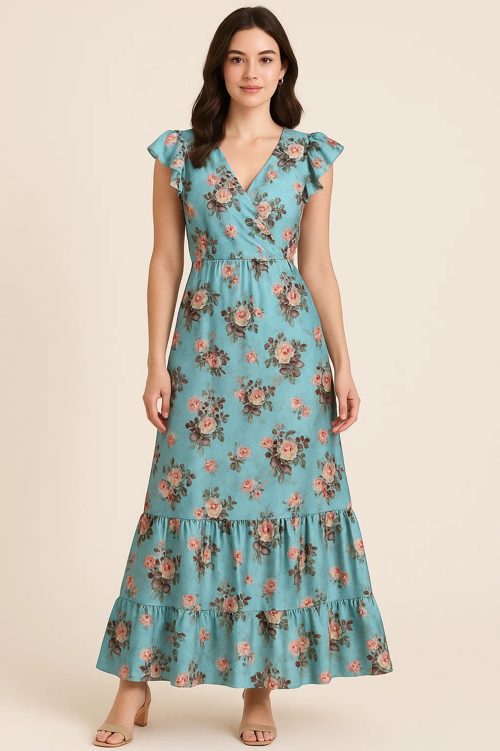 Sky Blue Flower Printed Japan Satin Fabric Material