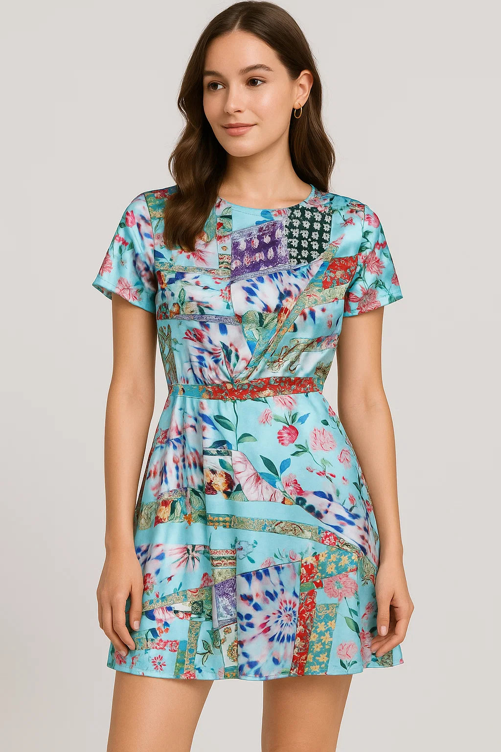 Watercolour Paint Art With Pattern Digital Printed Fabric - Japan Satin