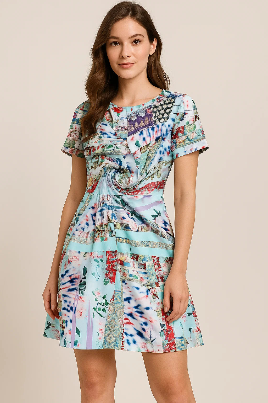 Watercolour Paint Art With Pattern Digital Printed Fabric - Japan Satin