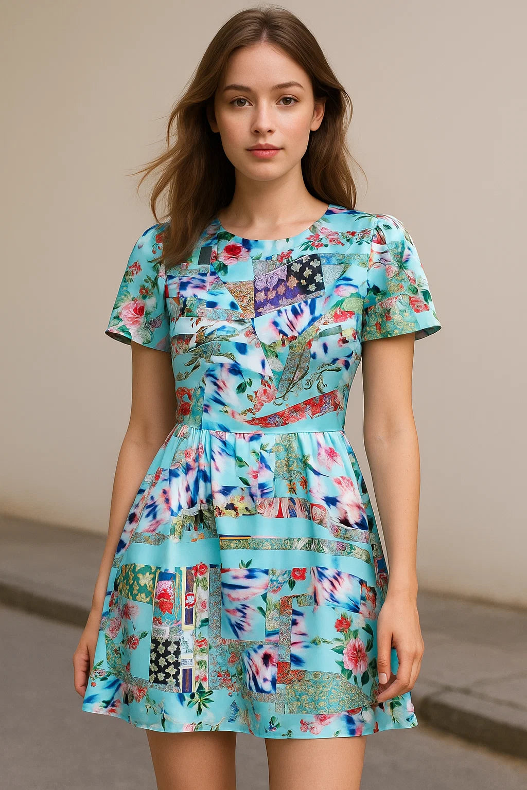 Watercolour Paint Art With Pattern Digital Printed Fabric - Japan Satin