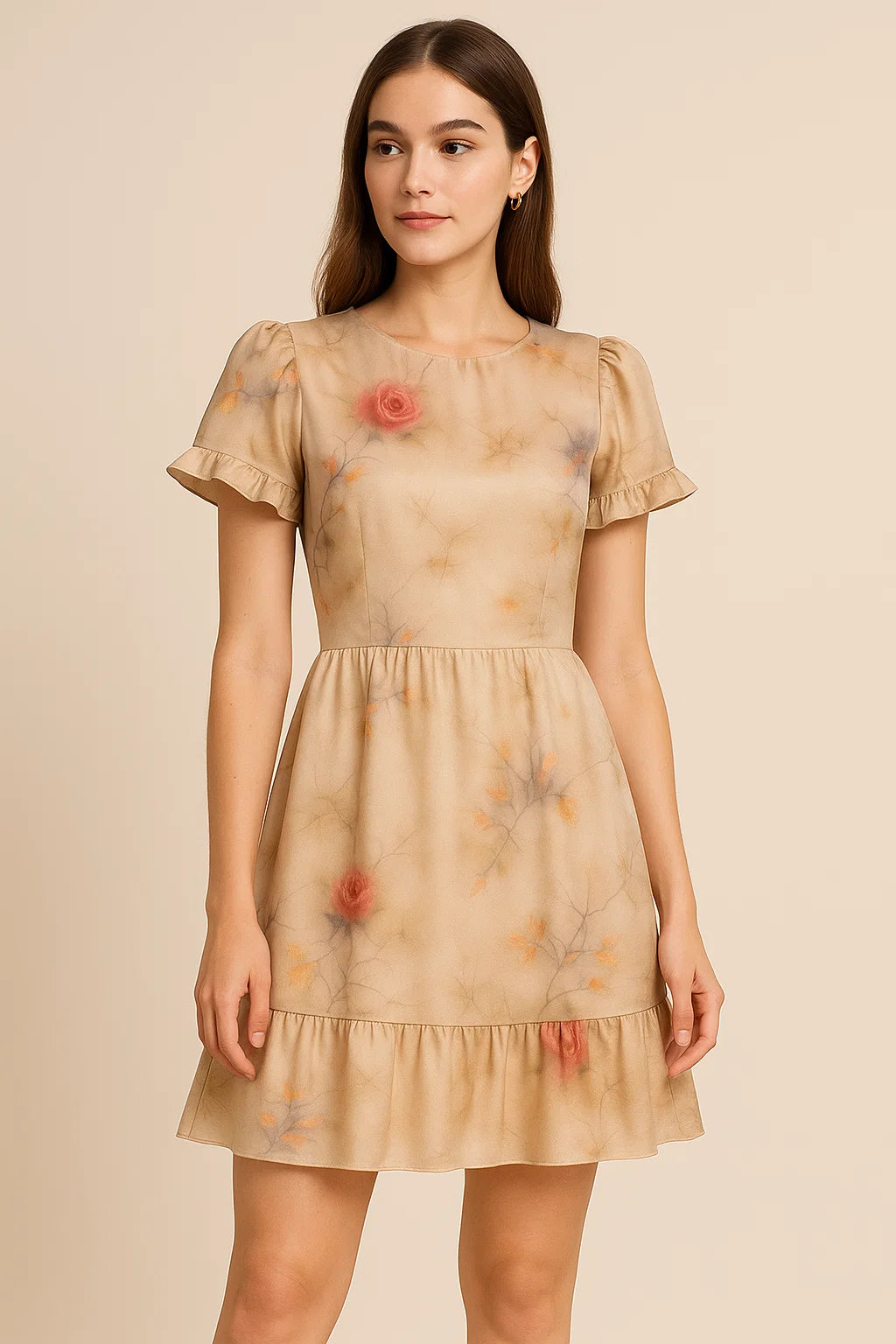 Decorative Roses With Autumn Buds Art Digital Printed Fabric - Japan Satin