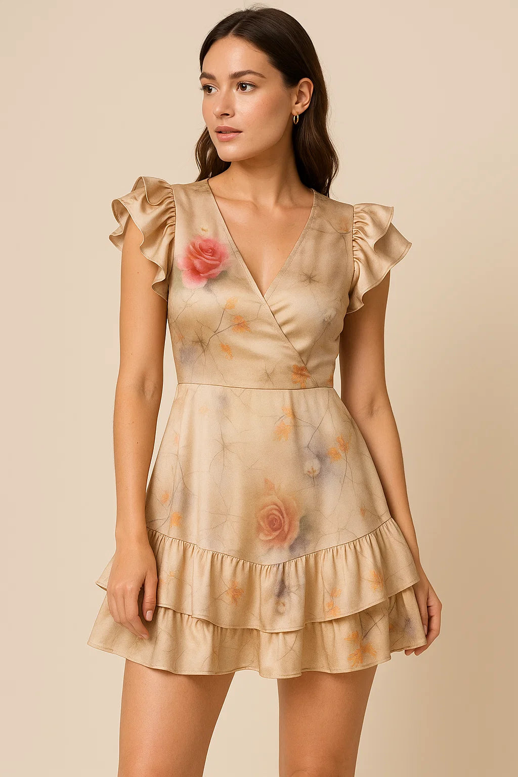 Decorative Roses With Autumn Buds Art Digital Printed Fabric - Japan Satin