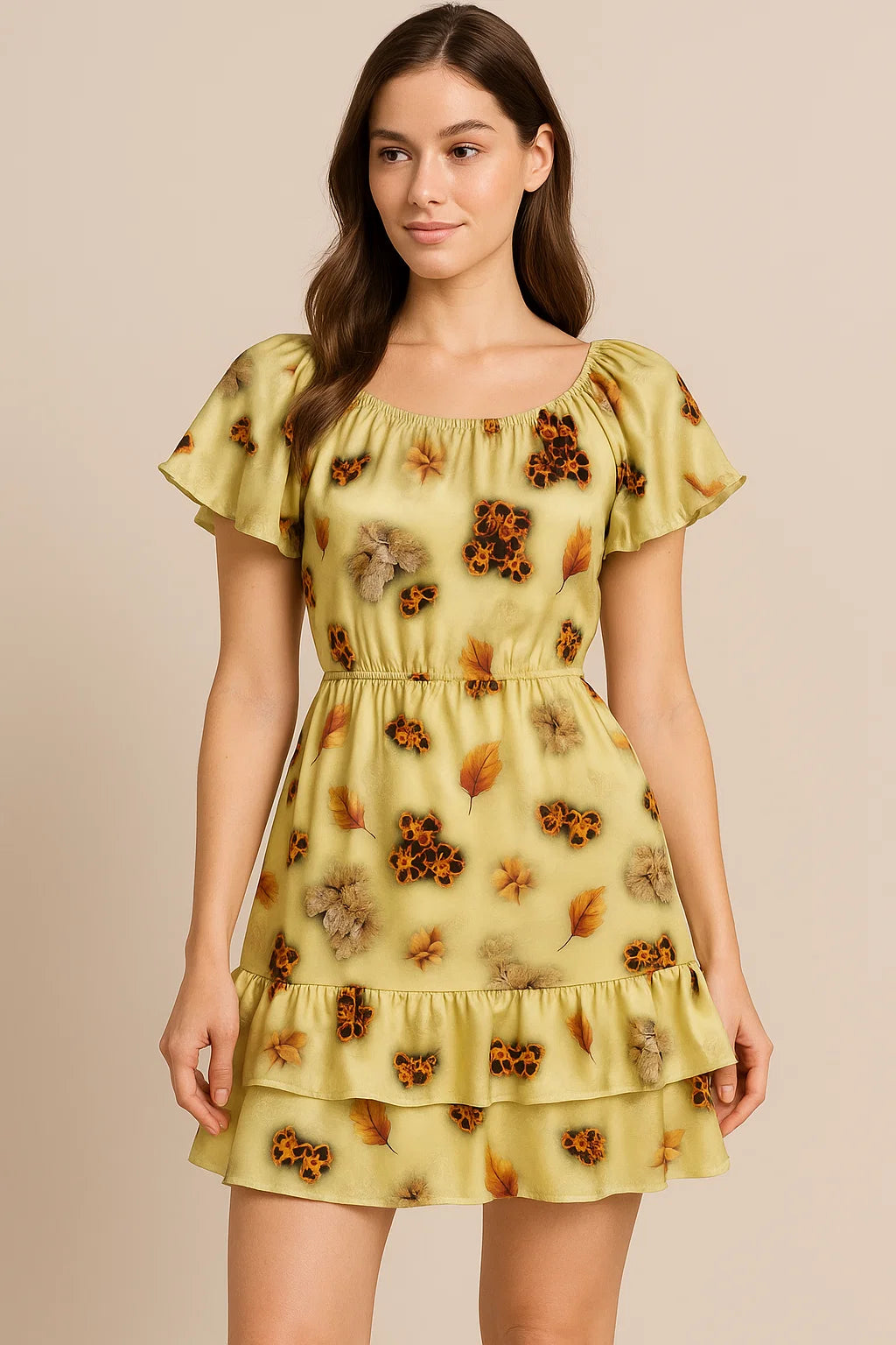 Golden Leaves With Black Sunflower Digital Printed Fabric - Japan Satin