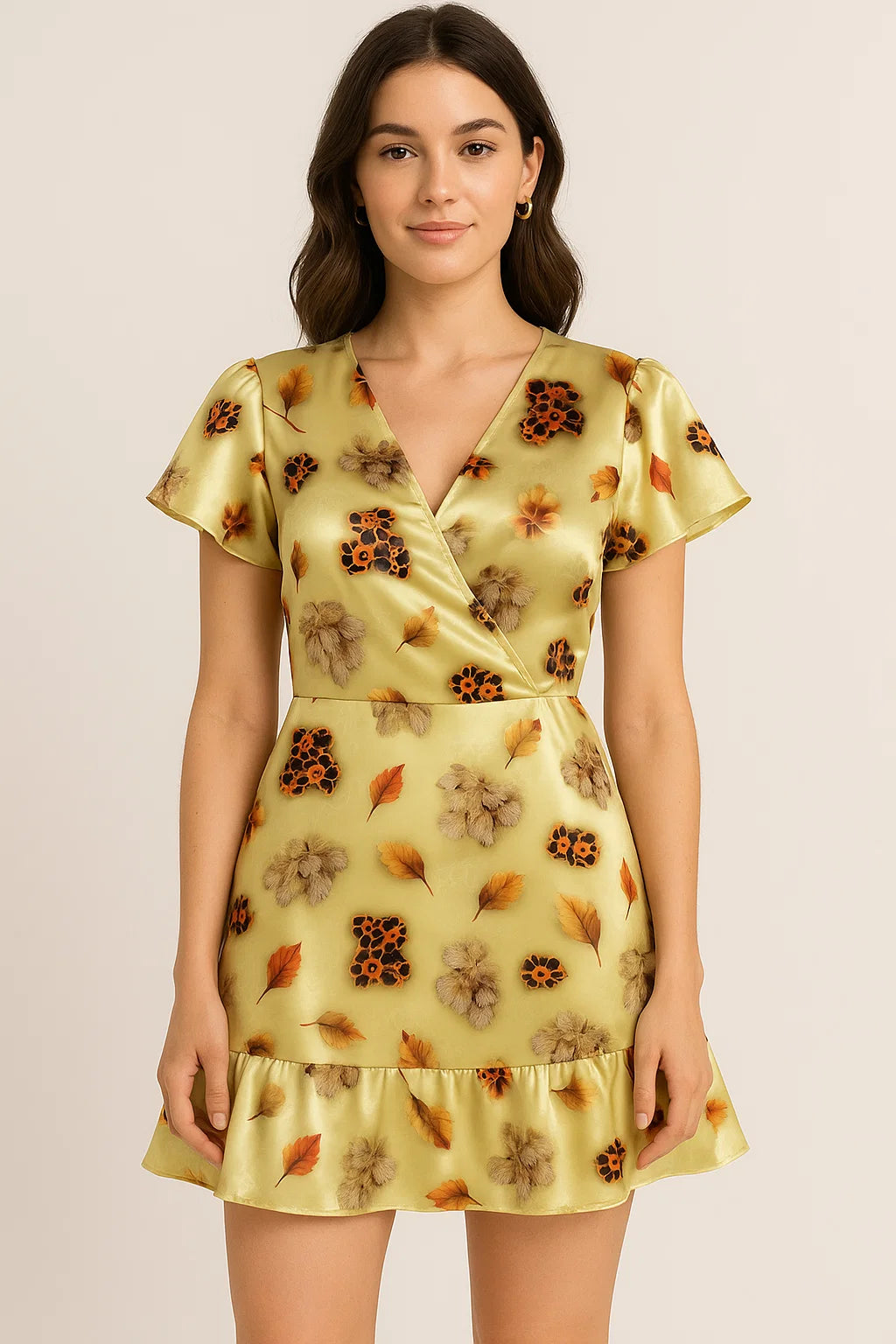 Golden Leaves With Black Sunflower Digital Printed Fabric - Japan Satin