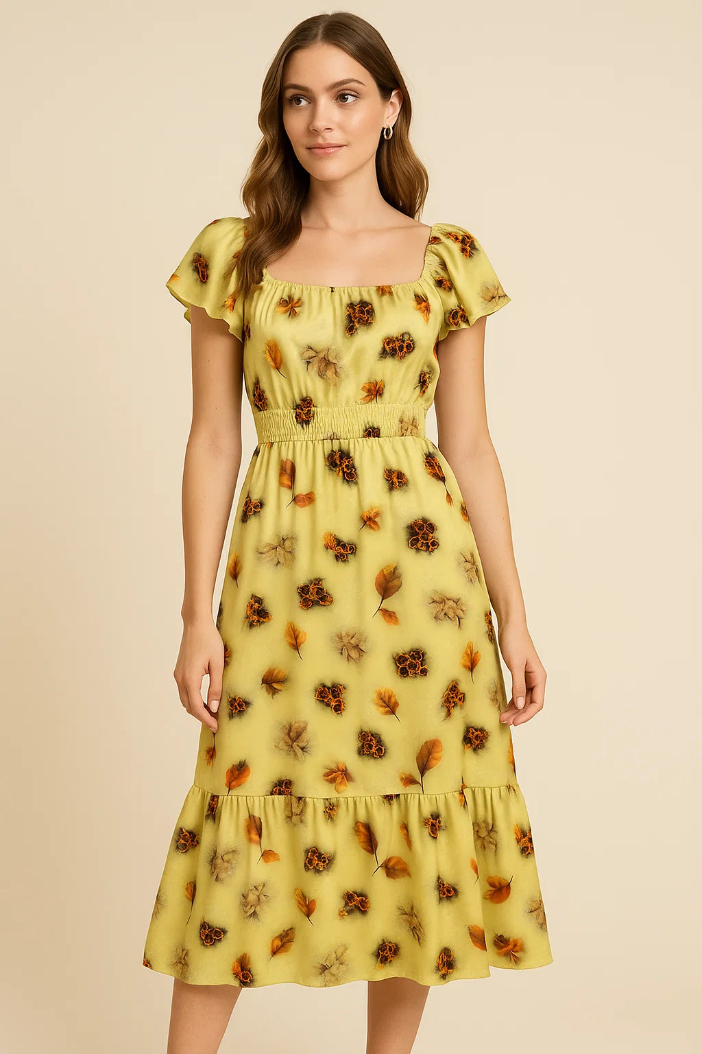 Golden Leaves With Black Sunflower Digital Printed Fabric - Japan Satin