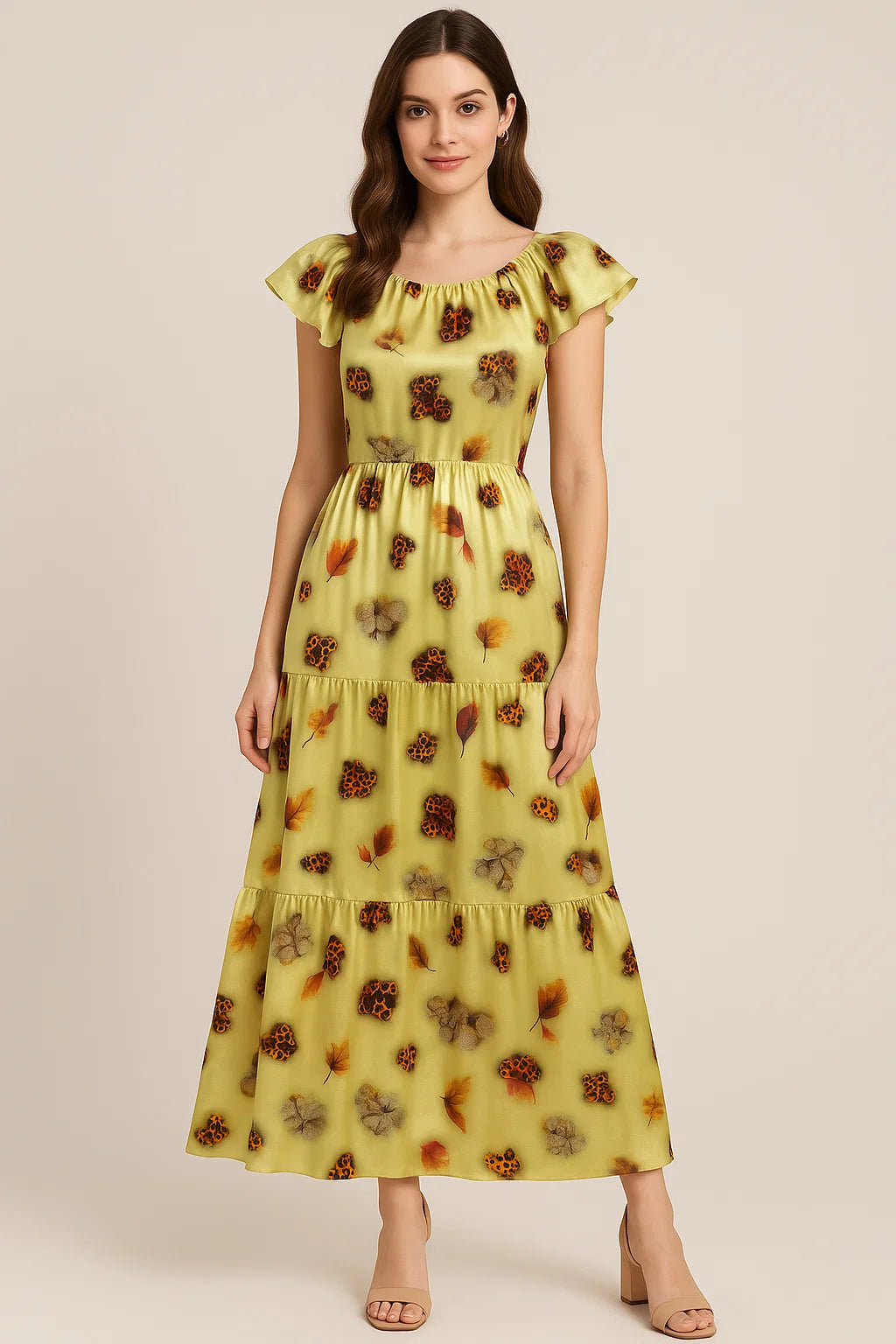 Golden Leaves With Black Sunflower Digital Printed Fabric - Japan Satin