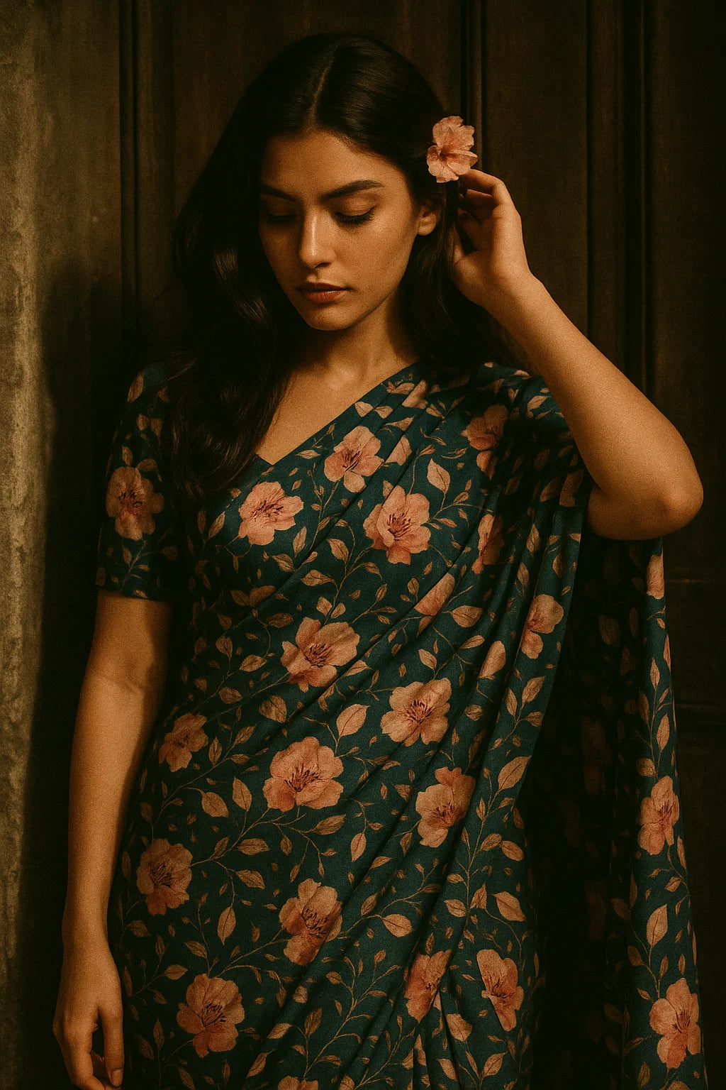 Garden Snowdrop Flower With Cherry Blossom Digital Printed Fabric - Japan Satin