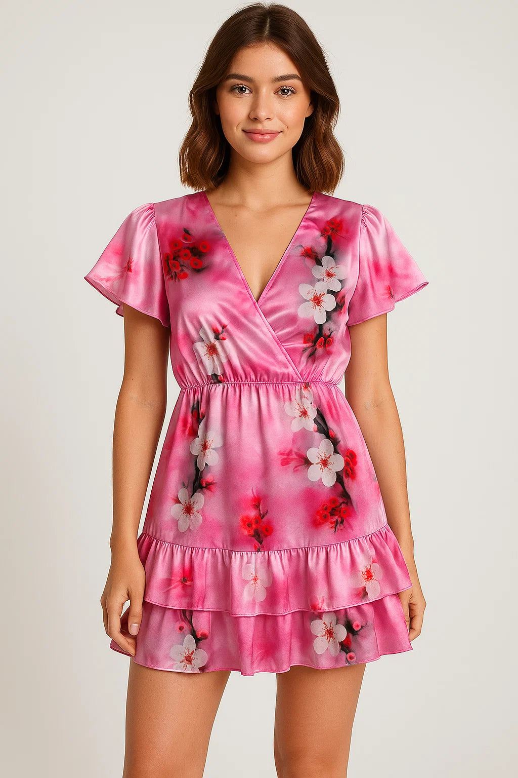 Attractive Jasmin Pink Flower With Orange Rose Digital Printed Fabric - Japan Satin