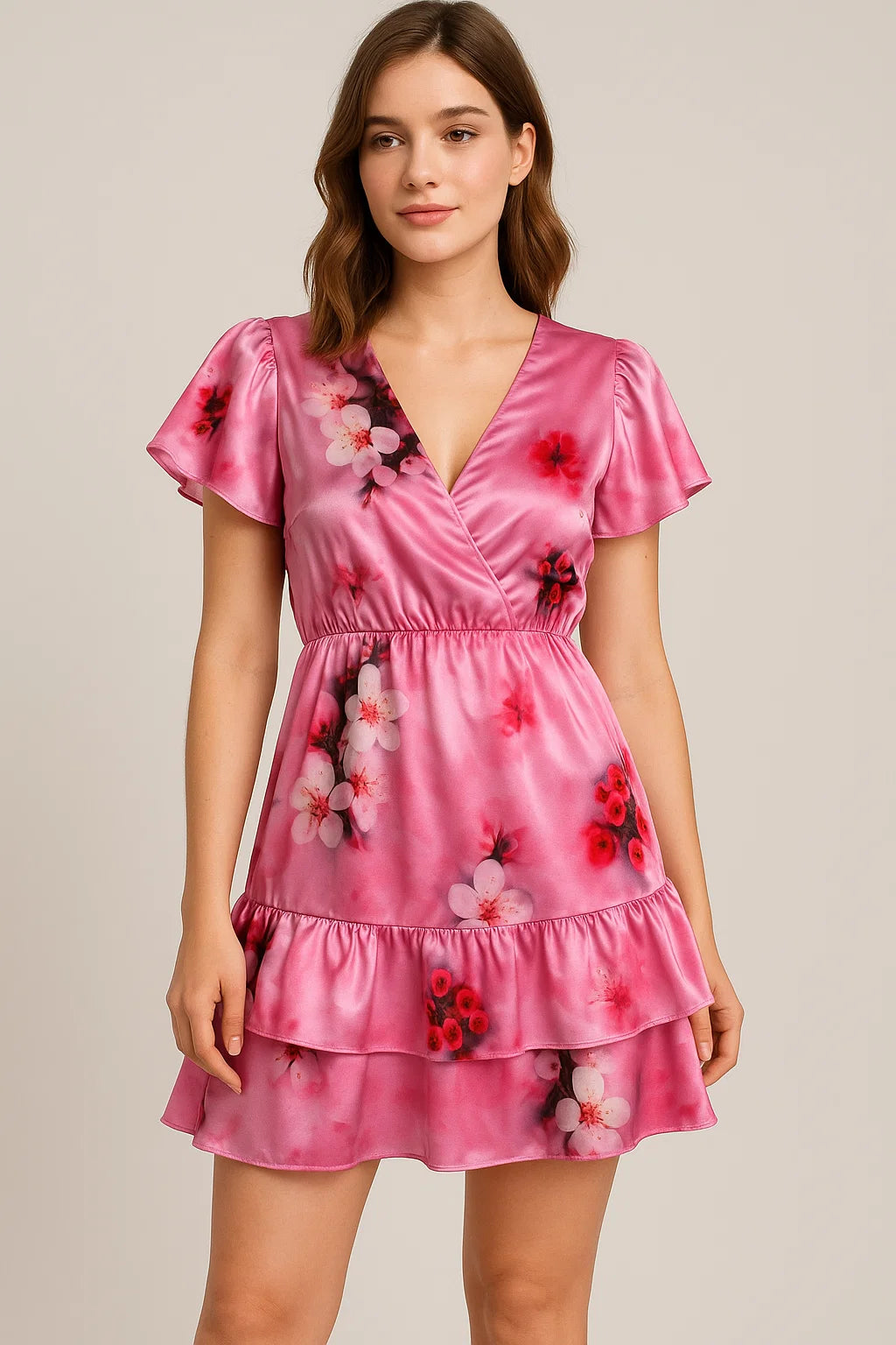 Attractive Jasmin Pink Flower With Orange Rose Digital Printed Fabric - Japan Satin