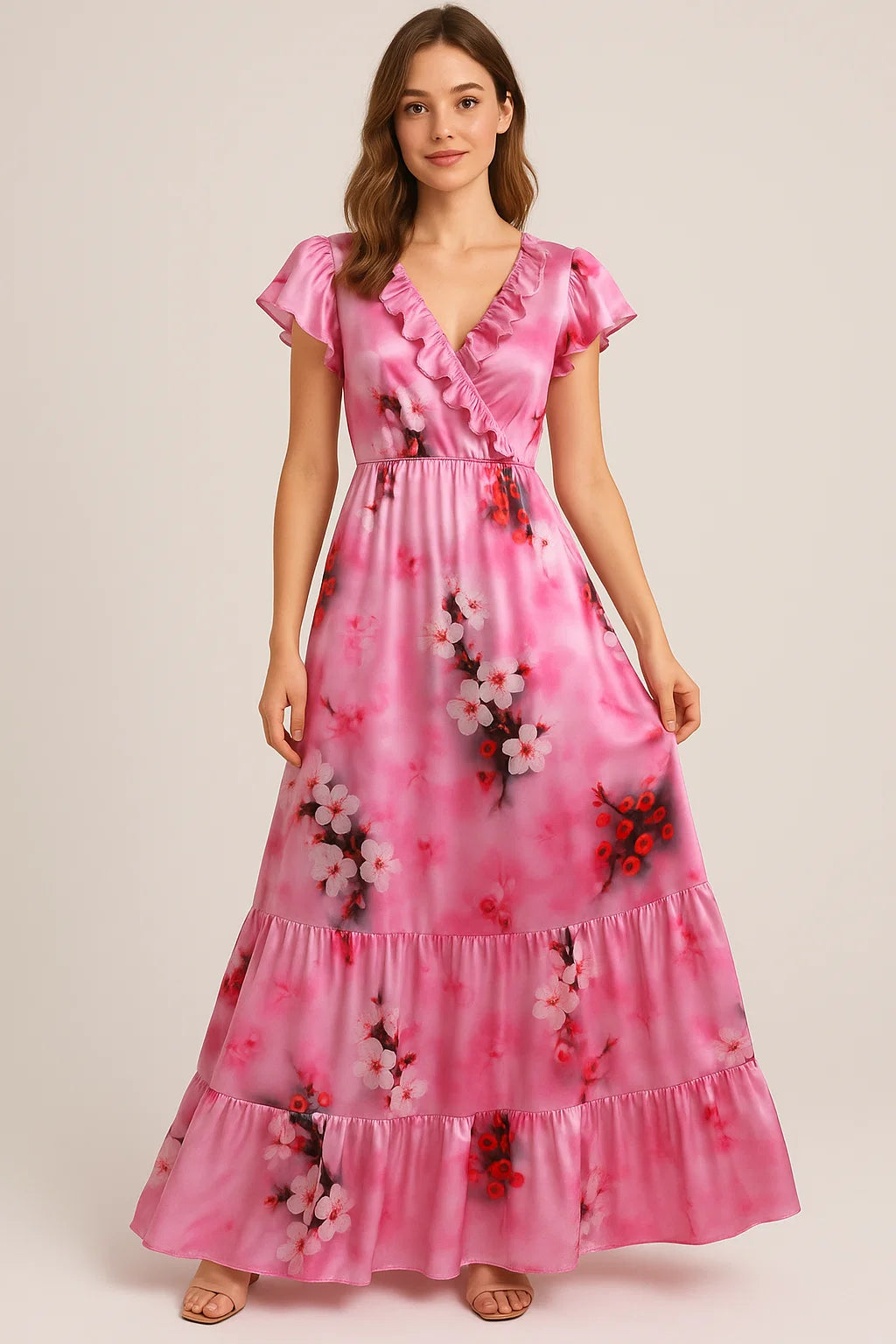 Attractive Jasmin Pink Flower With Orange Rose Digital Printed Fabric - Japan Satin