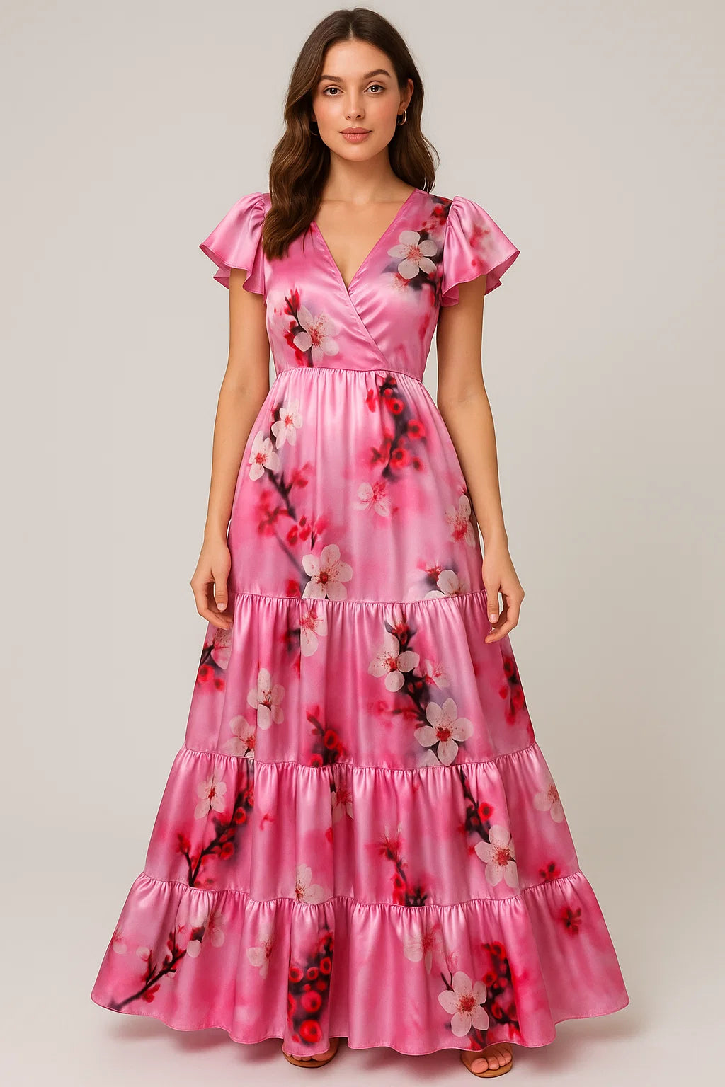 Attractive Jasmin Pink Flower With Orange Rose Digital Printed Fabric - Japan Satin