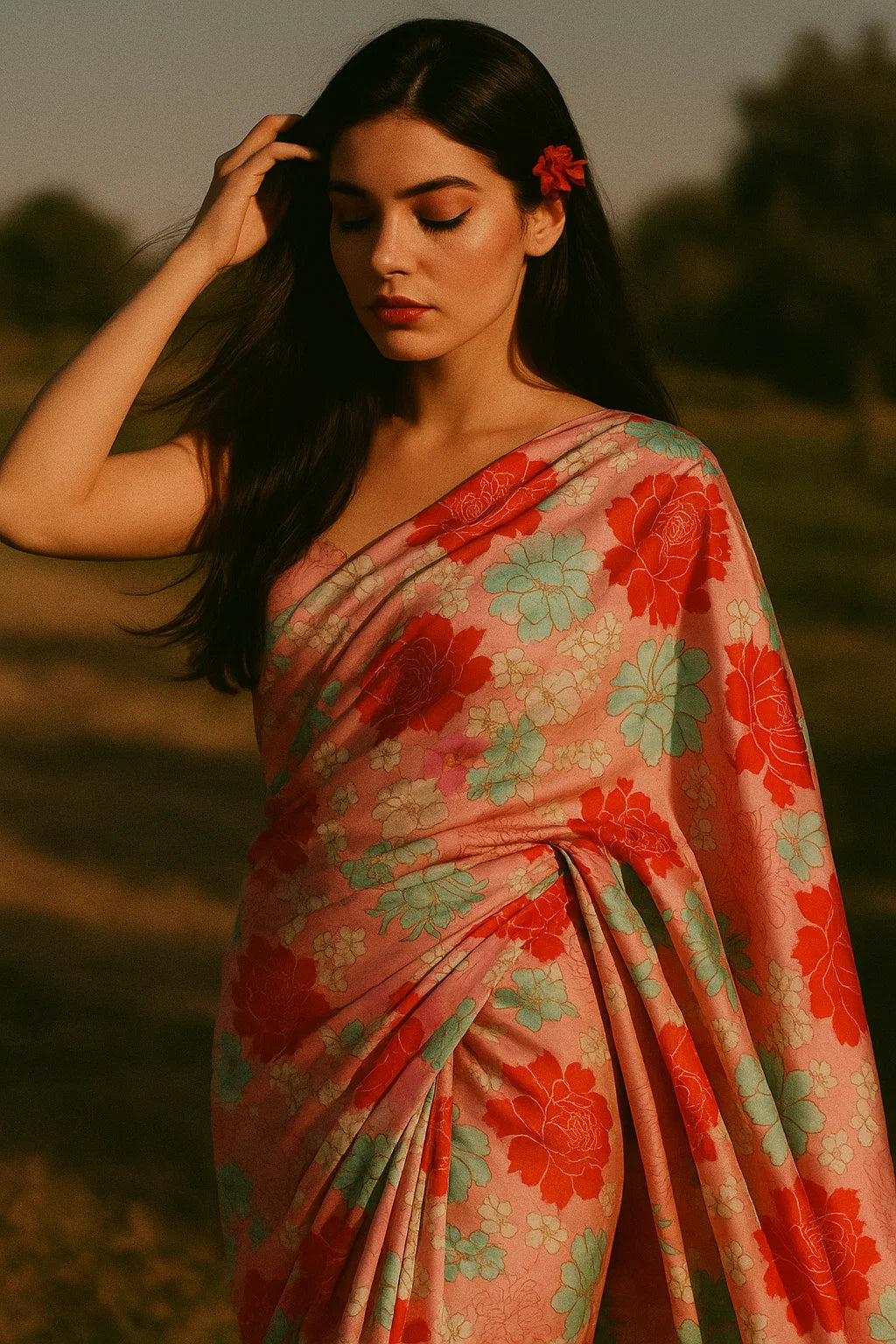 Seamless Red And Pista Roses With Geranium Flower Digital Printed Fabric - Japan Satin