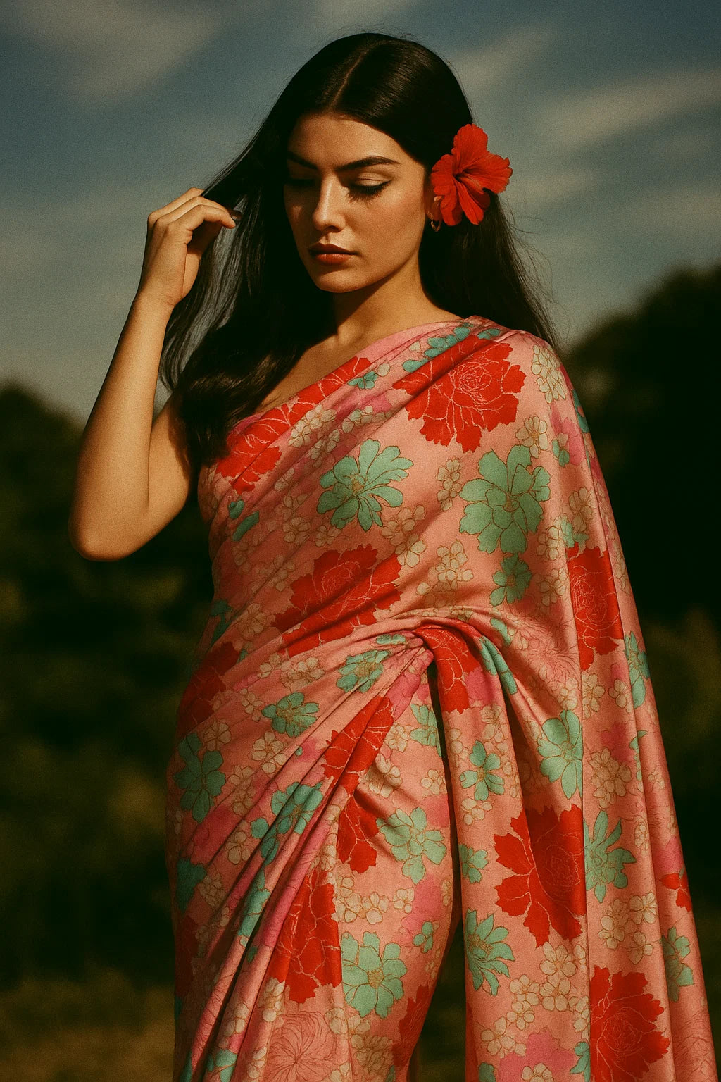 Seamless Red And Pista Roses With Geranium Flower Digital Printed Fabric - Japan Satin