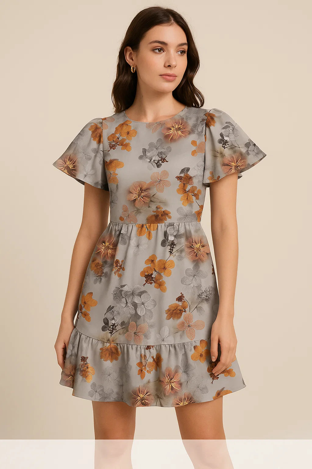 Decorative  Periwinkle Floral Flower With Gray Digital Printed Fabric - Japan Satin