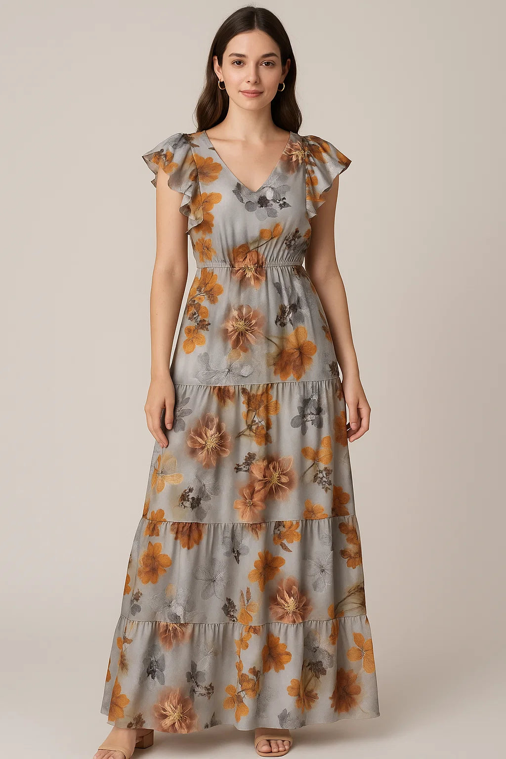 Decorative  Periwinkle Floral Flower With Gray Digital Printed Fabric - Japan Satin