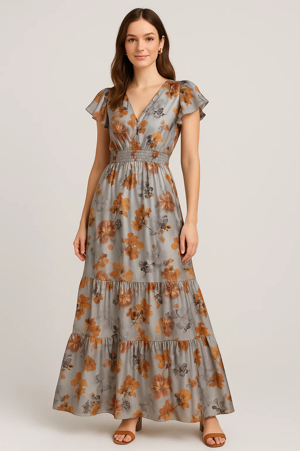 Decorative  Periwinkle Floral Flower With Gray Digital Printed Fabric - Japan Satin