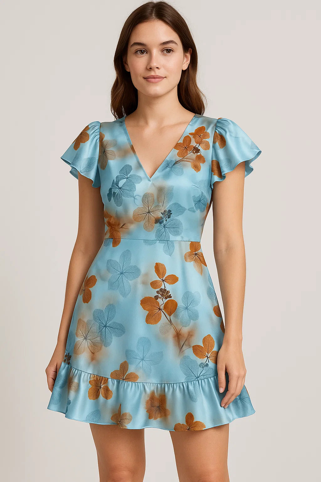 Golden Periwinkle With Blue Floral Digital Printed Fabric - Japan Satin