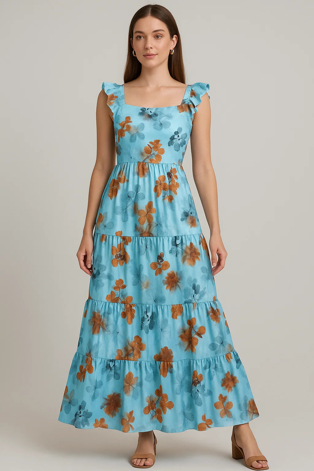 Golden Periwinkle With Blue Floral Digital Printed Fabric - Japan Satin