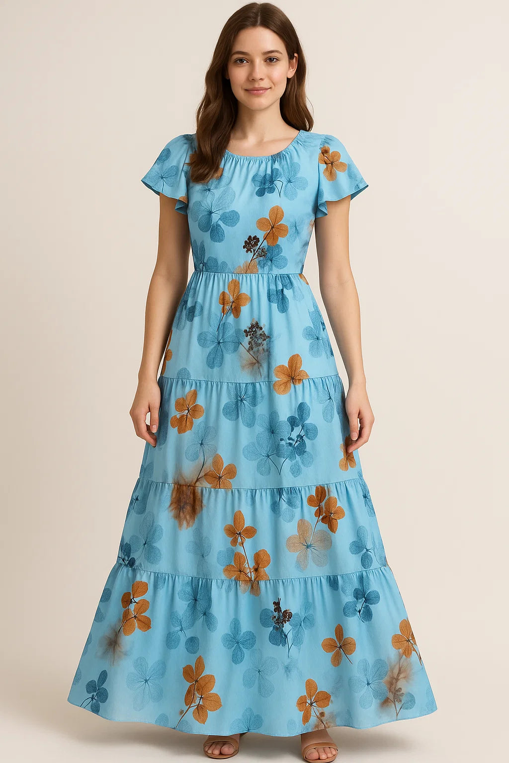 Golden Periwinkle With Blue Floral Digital Printed Fabric - Japan Satin