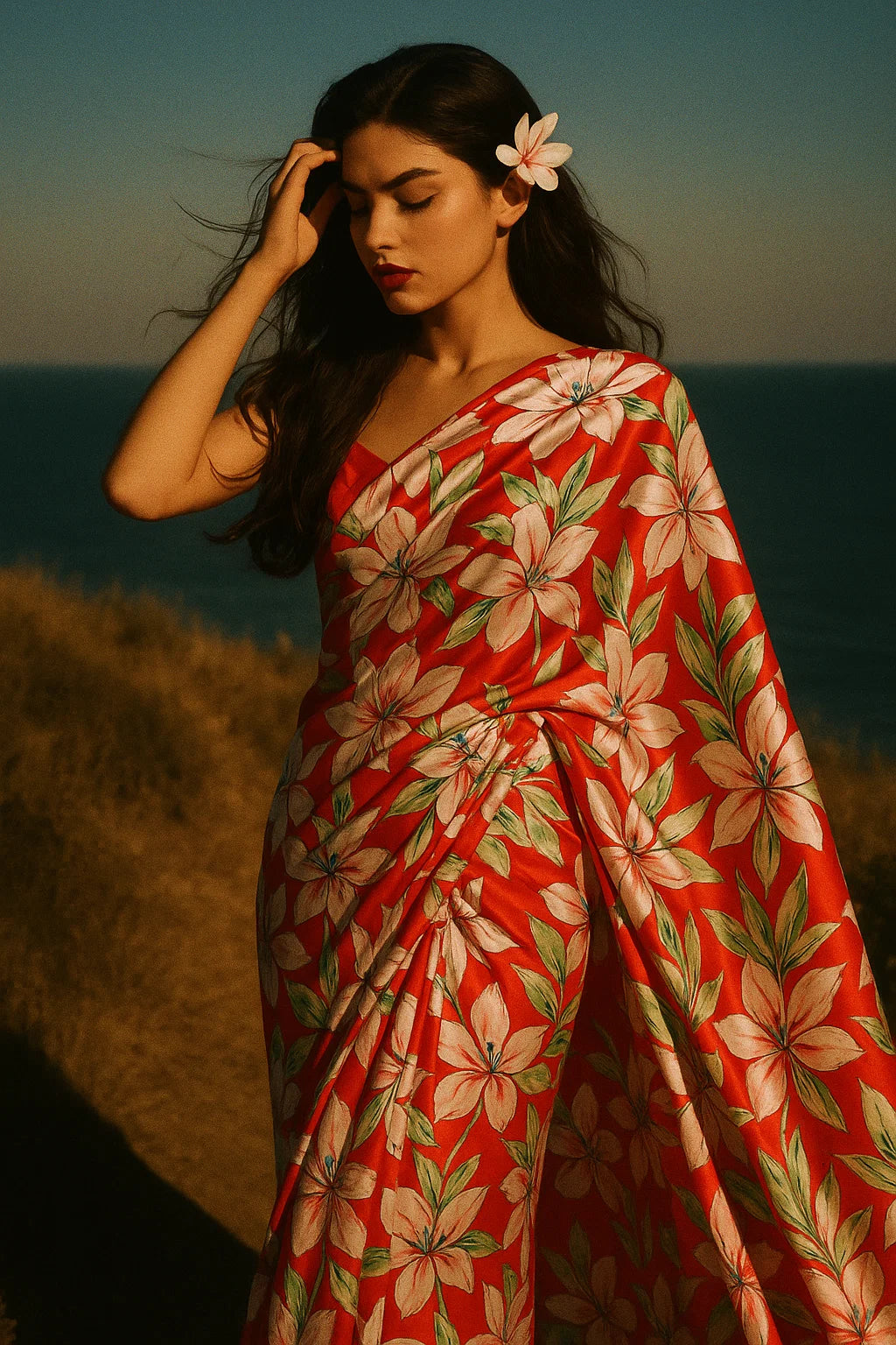 Watercolour Orchid Flower With Green Leaves Digital Printed Fabric - Japan Satin