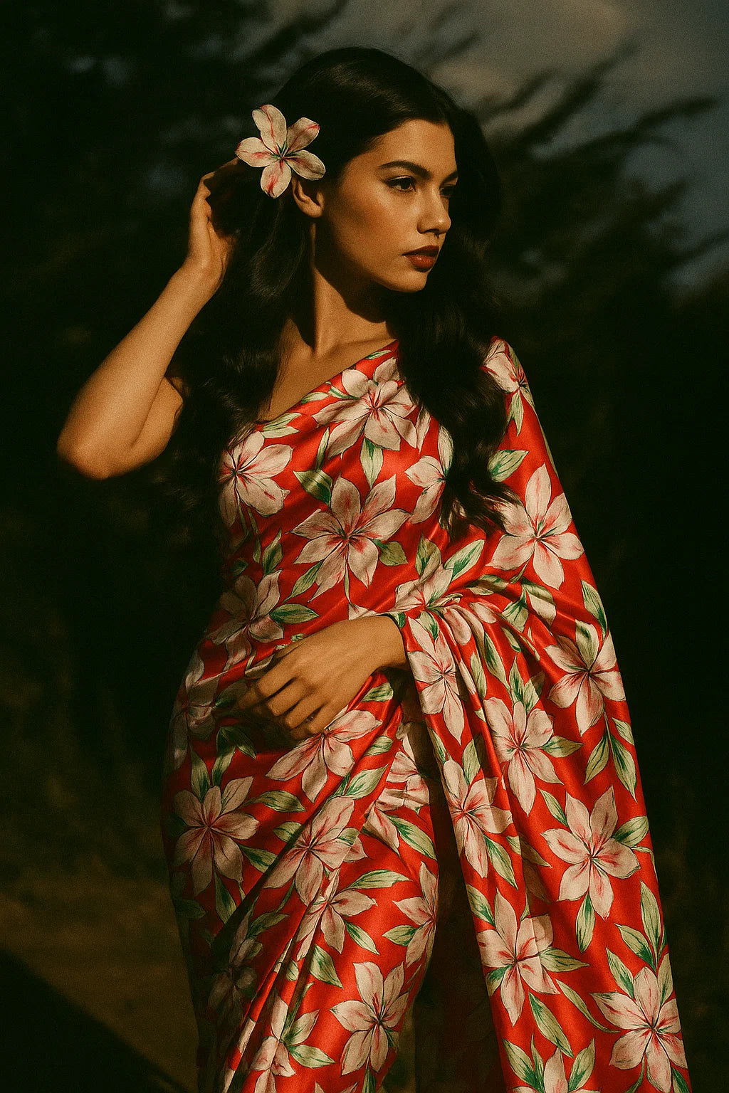 Watercolour Orchid Flower With Green Leaves Digital Printed Fabric - Japan Satin