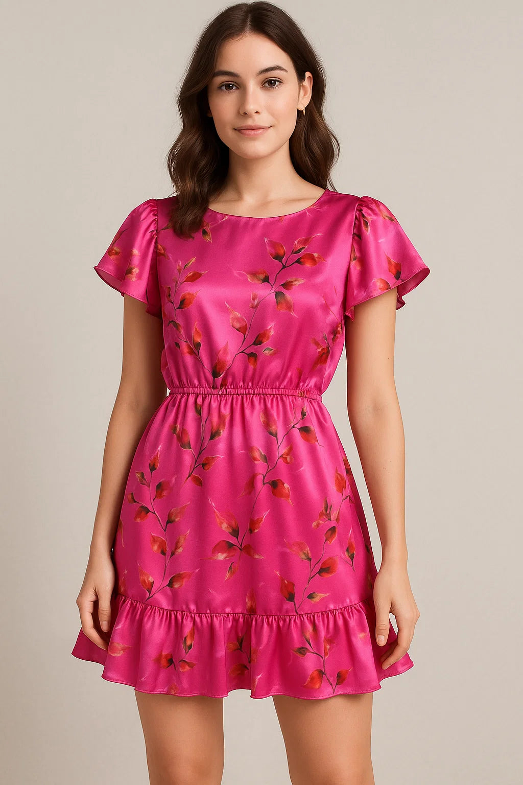 Tiny Silver Leaves With Pink Background Digital Printed Fabric - Japan Satin