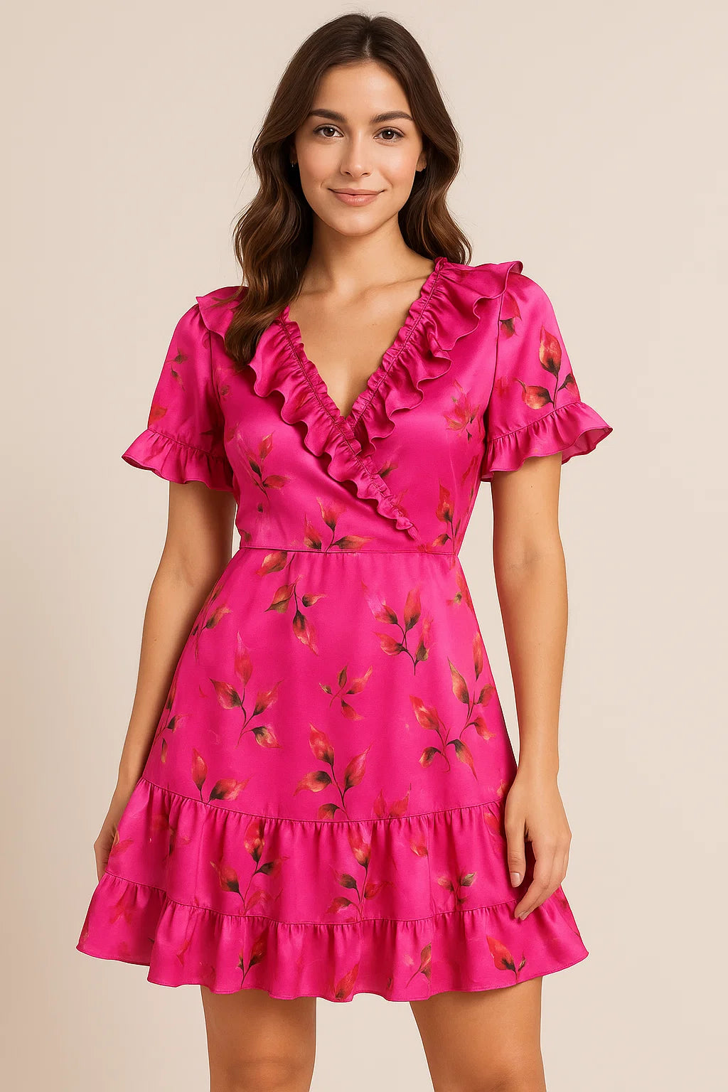 Tiny Silver Leaves With Pink Background Digital Printed Fabric - Japan Satin