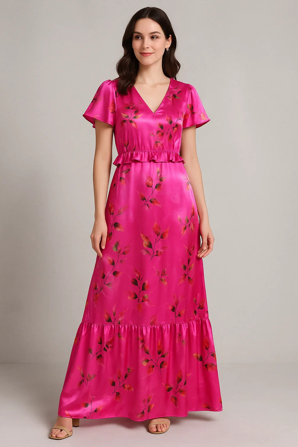 Tiny Silver Leaves With Pink Background Digital Printed Fabric - Japan Satin