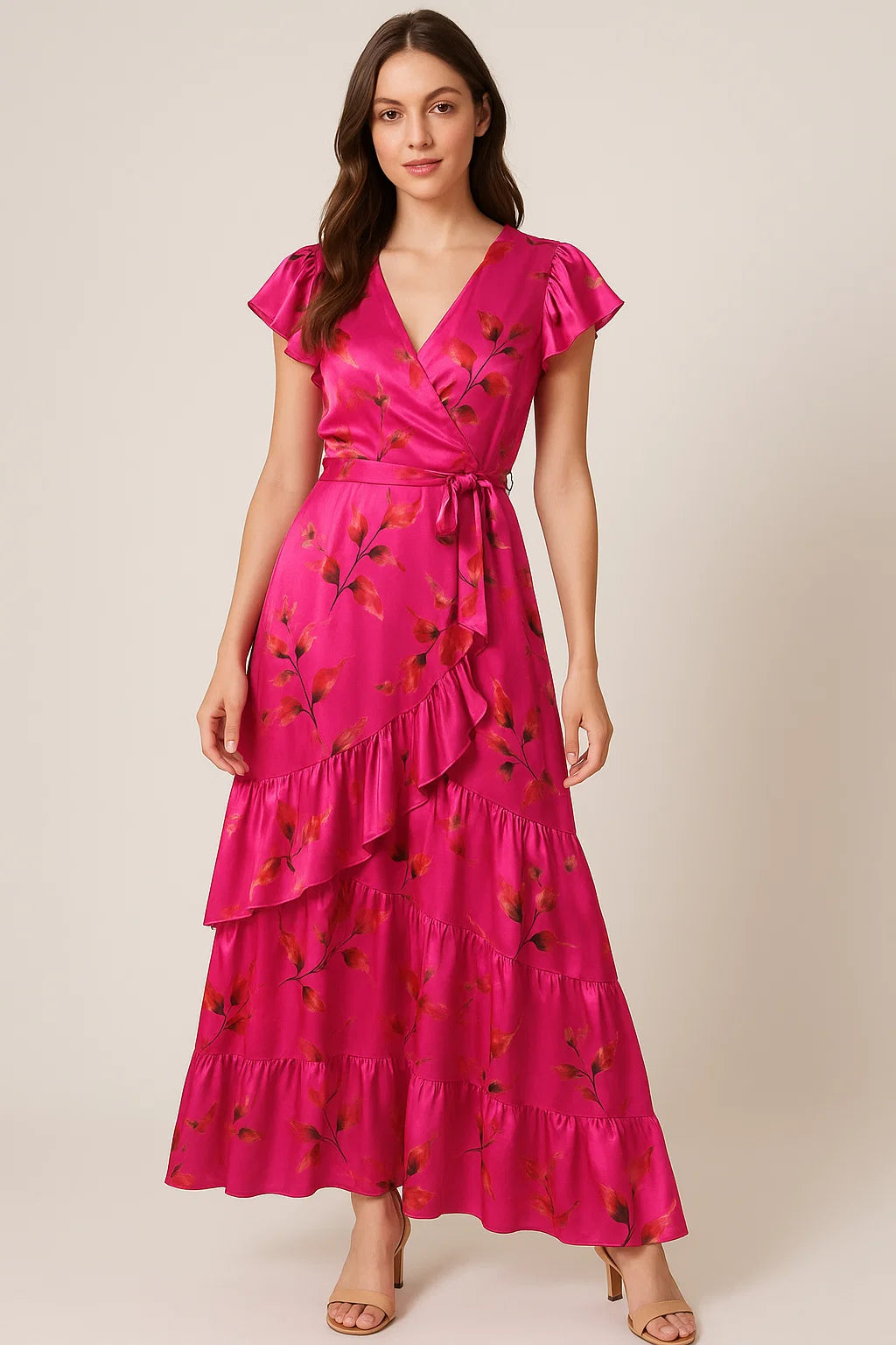 Tiny Silver Leaves With Pink Background Digital Printed Fabric - Japan Satin