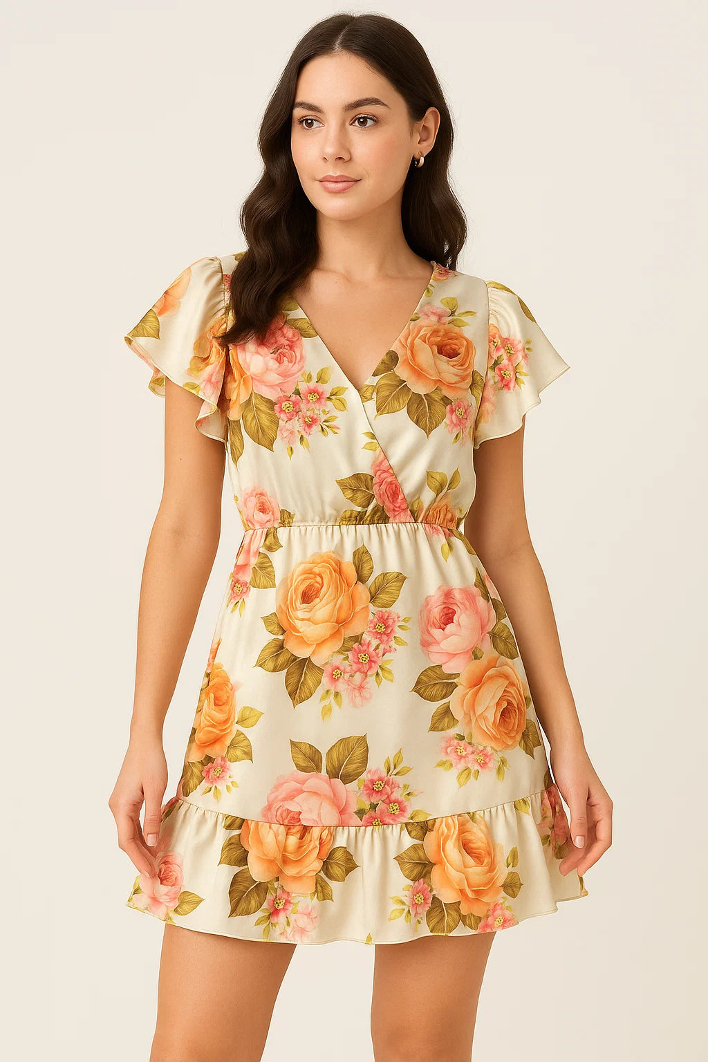 Beautiful Floral Golden Roses With Shiny Digital Printed Fabric - Japan Satin